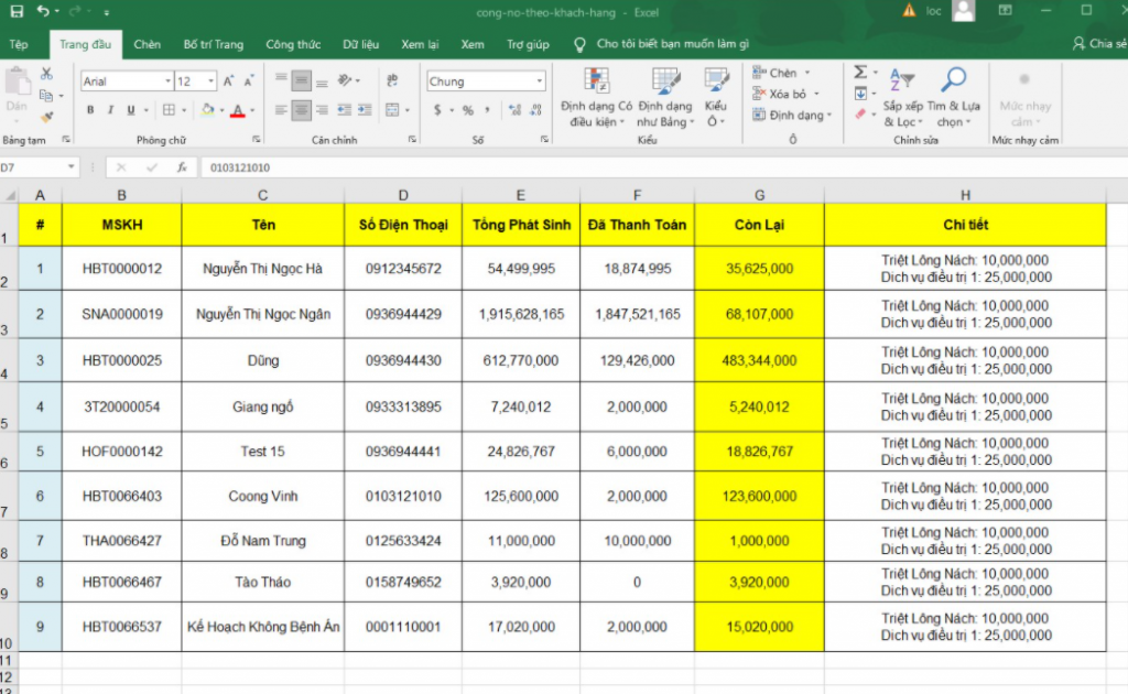 Mẫu file Excel quản lý khách hàng spa