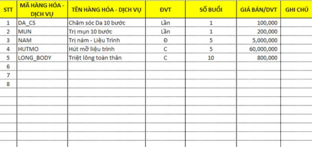 File Excel chăm sóc khách hàng spa
