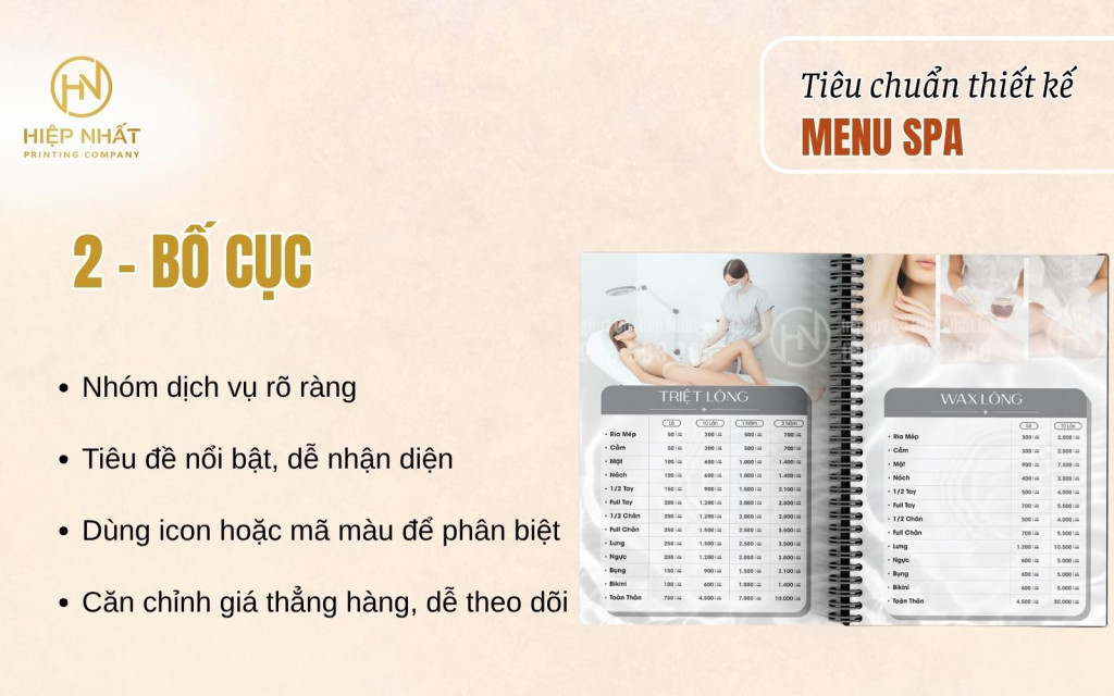 Bố cục menu spa hợp lý