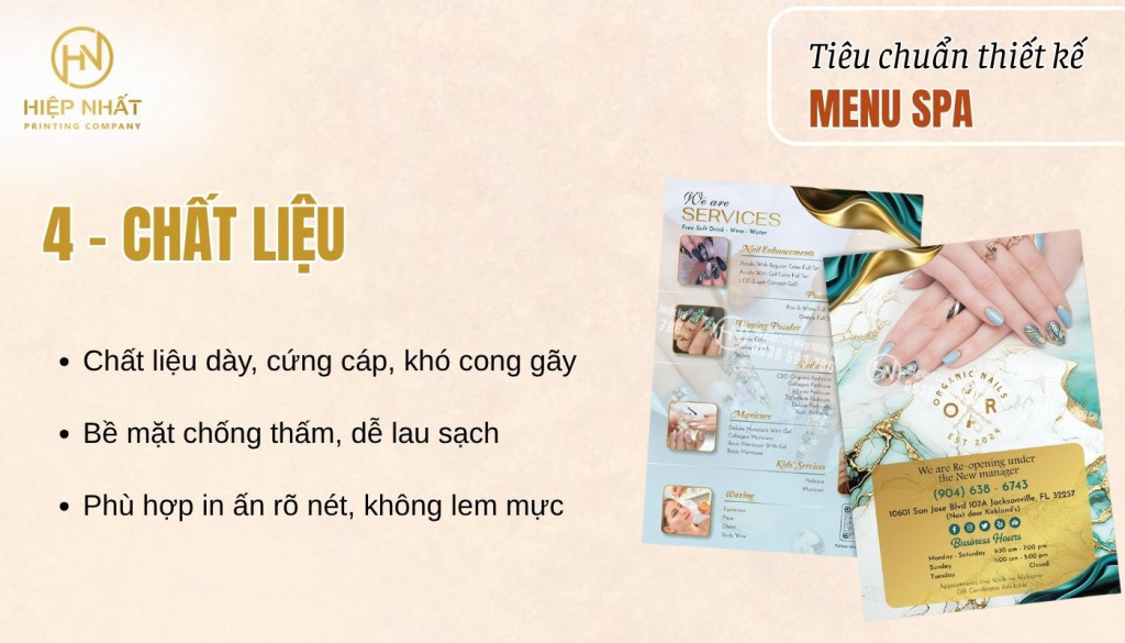 Chất liệu in menu spa cao cấp