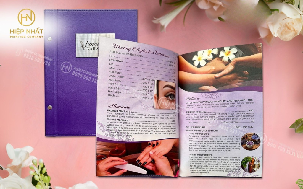 Menu spa bìa da tím thanh lịch