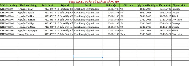 Mẫu file quản lý khách hàng Spa