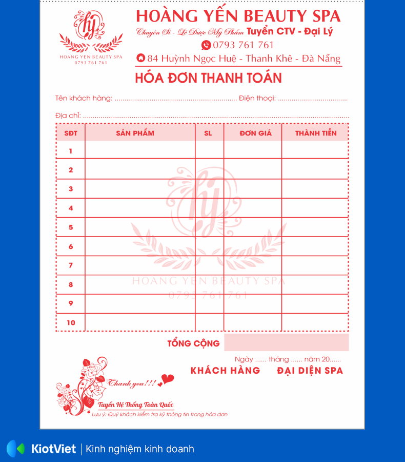 Mẫu hóa đơn bán lẻ spa cơ bản