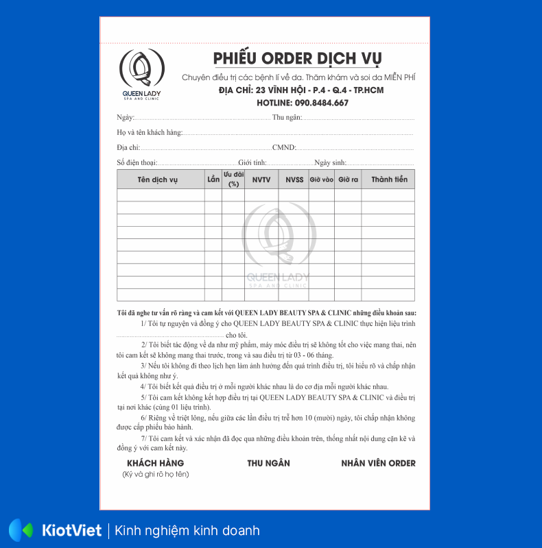 Mẫu hóa đơn Queen Lady Spa
