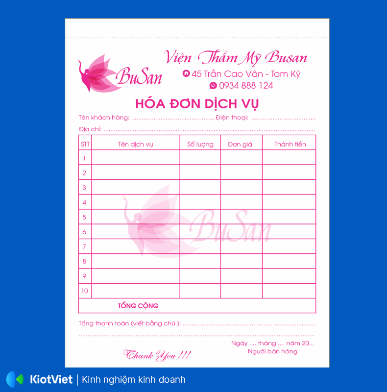 Mẫu hóa đơn Viện thẩm mỹ Busan