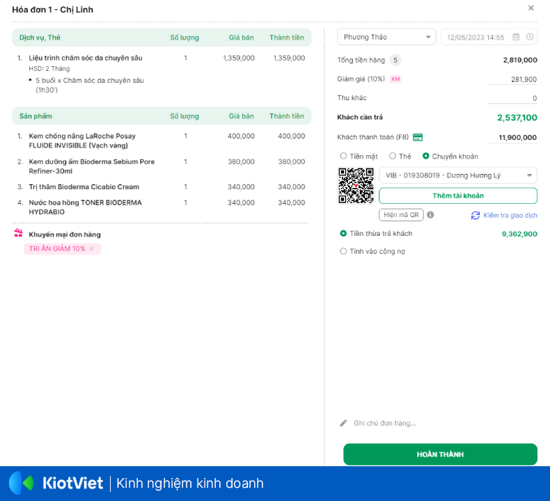 Mẫu màn hình in hóa đơn spa